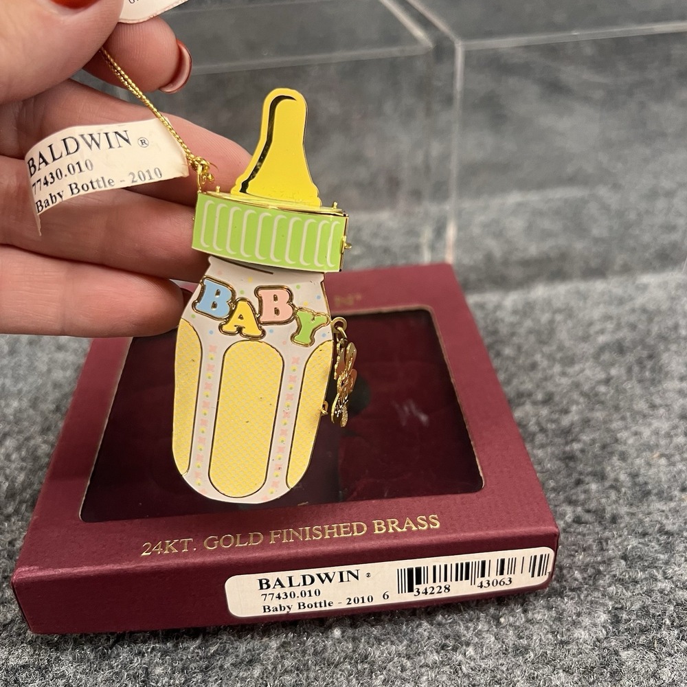 Baldwin Christmas Ornament Baby Bottle 2010 24Kt Gold Finished Brass New